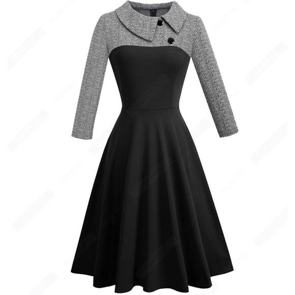Herringbone 50s Swing A-Line Career Dress Black & Gray Size 4
 Hepburn Style - Picture 1 of 7